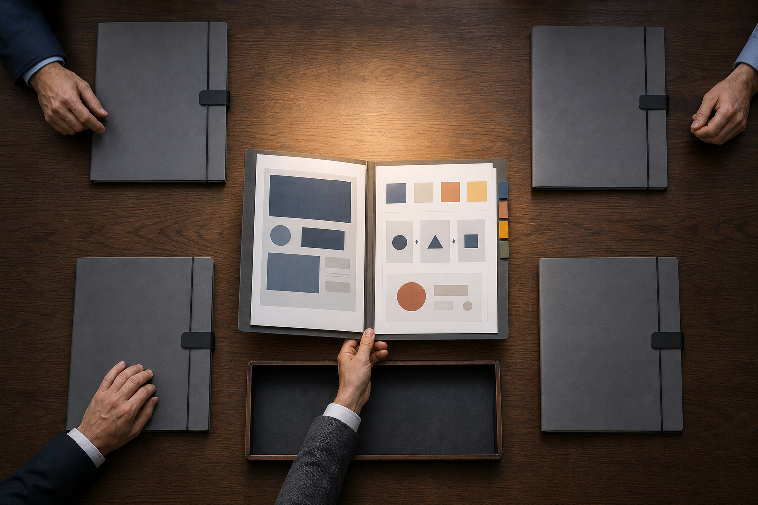 A hand pulls one distinctive open evidence portfolio forward from a table of otherwise similar gray candidate folders.