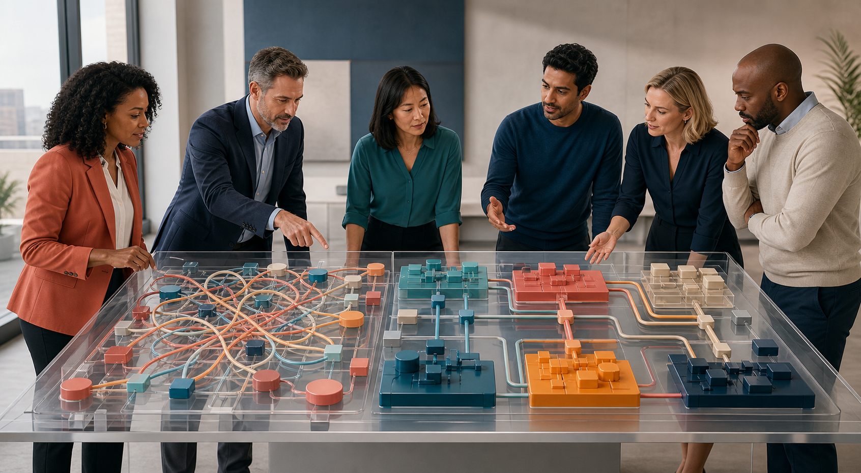 A client team and consultants examine an interconnected revenue operations system on a transparent table, with tangled pathways becoming organized.