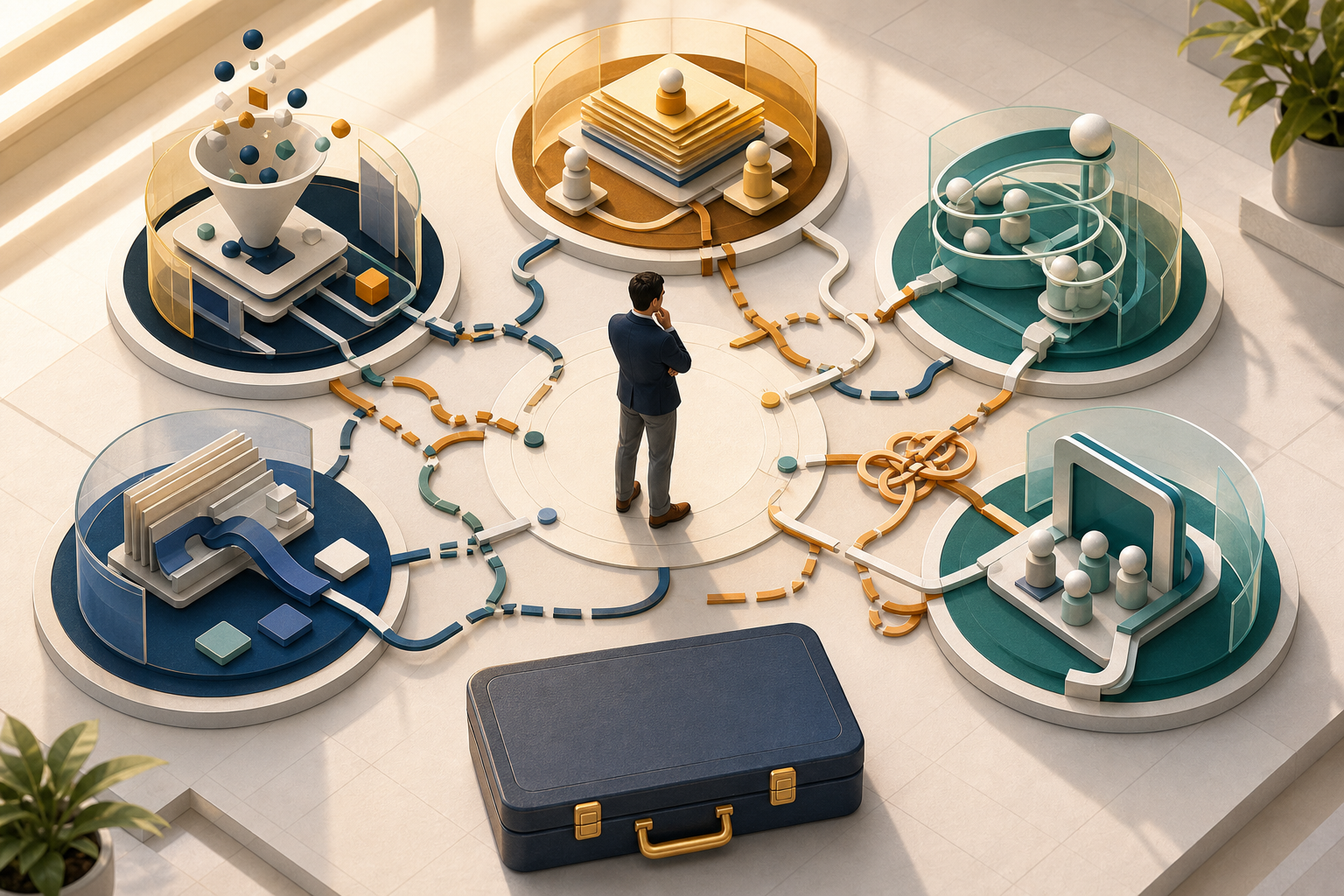 A revenue operations specialist inspects broken and duplicated connections among five stages of a business process before opening a toolkit.