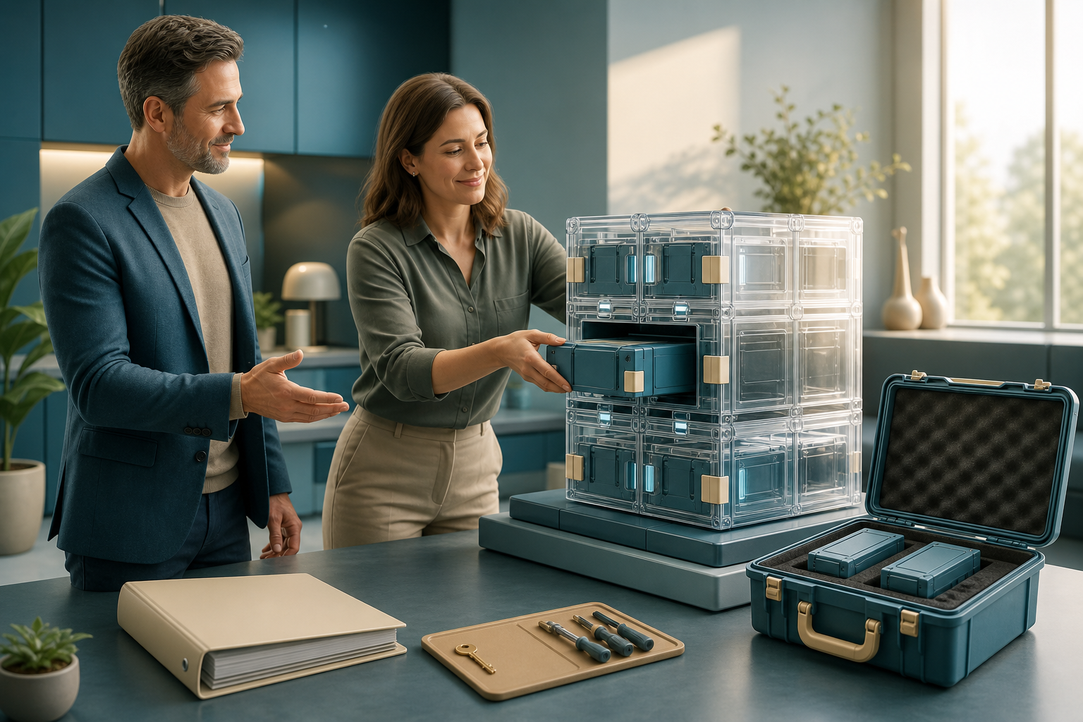 A consultant transfers a key, an unmarked binder, and a toolkit to an internal administrator beside a completed modular business system.