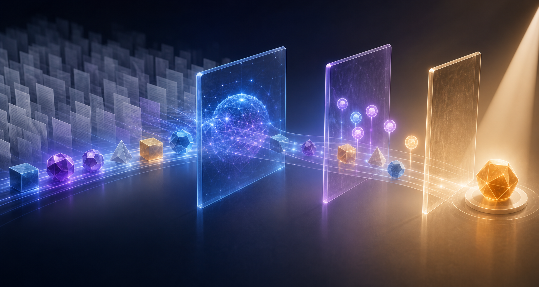 Several geometric objects travel through three illuminated gateways, with one object emerging under a bright spotlight.