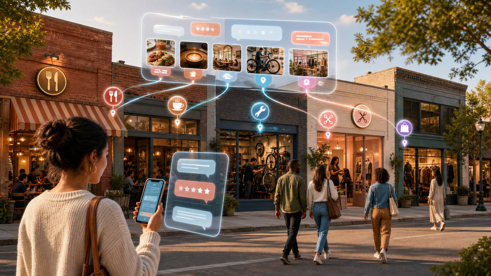 A conversational interface with rating, photo, and location icons is visually connected to restaurants, shops, and services on a neighborhood street.