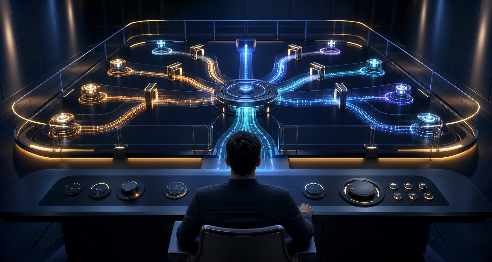 A marketing operator monitors an abstract advertising automation system with branching pathways, control gates, guardrails, and feedback signals.
