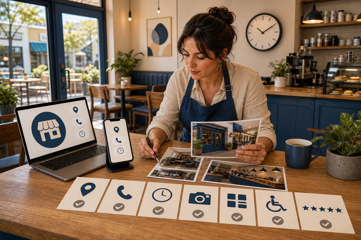 A cafe owner compares a laptop and phone with icon-based cards for location, contact details, hours, photos, services, and customer feedback.