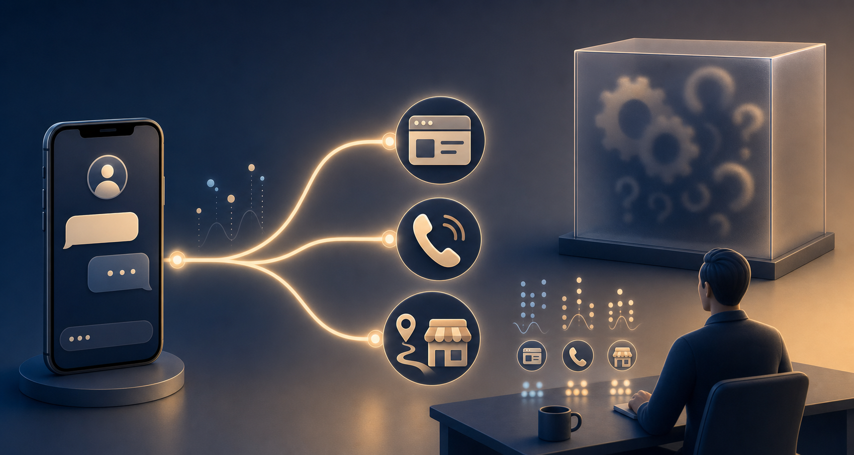 Icon-based paths connect a conversational phone interface to website visits, phone calls, and storefront directions while a sealed abstract system remains hidden.