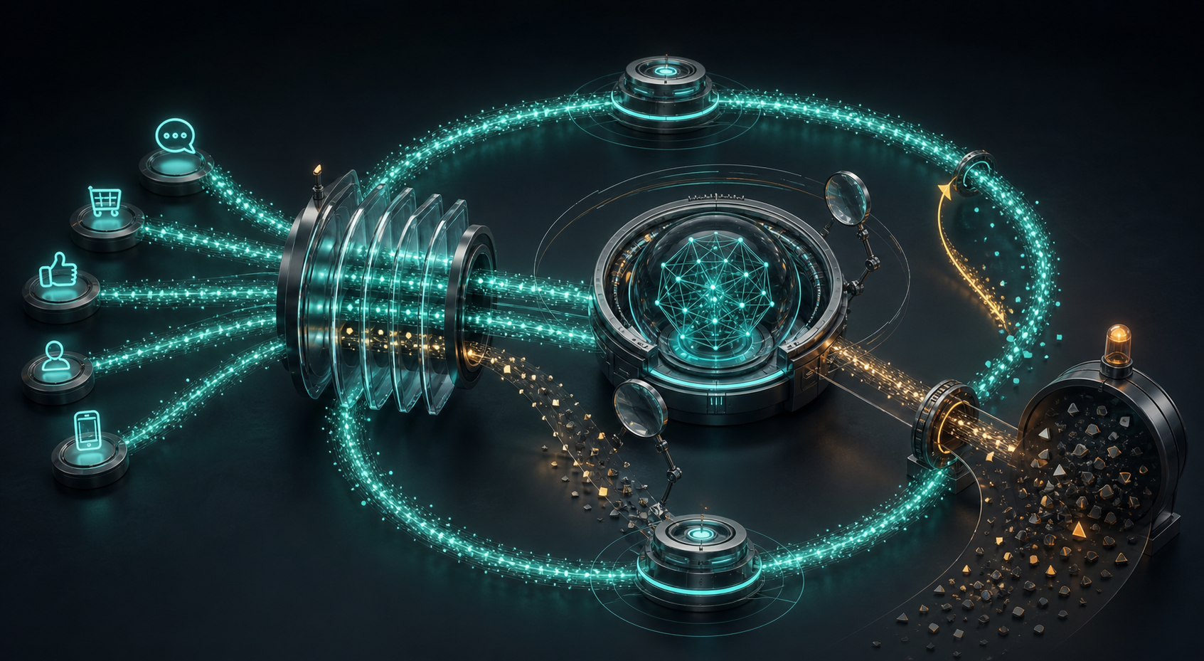 A circular automation feedback loop filters distorted signal fragments away from a central learning system while clean signals continue through.