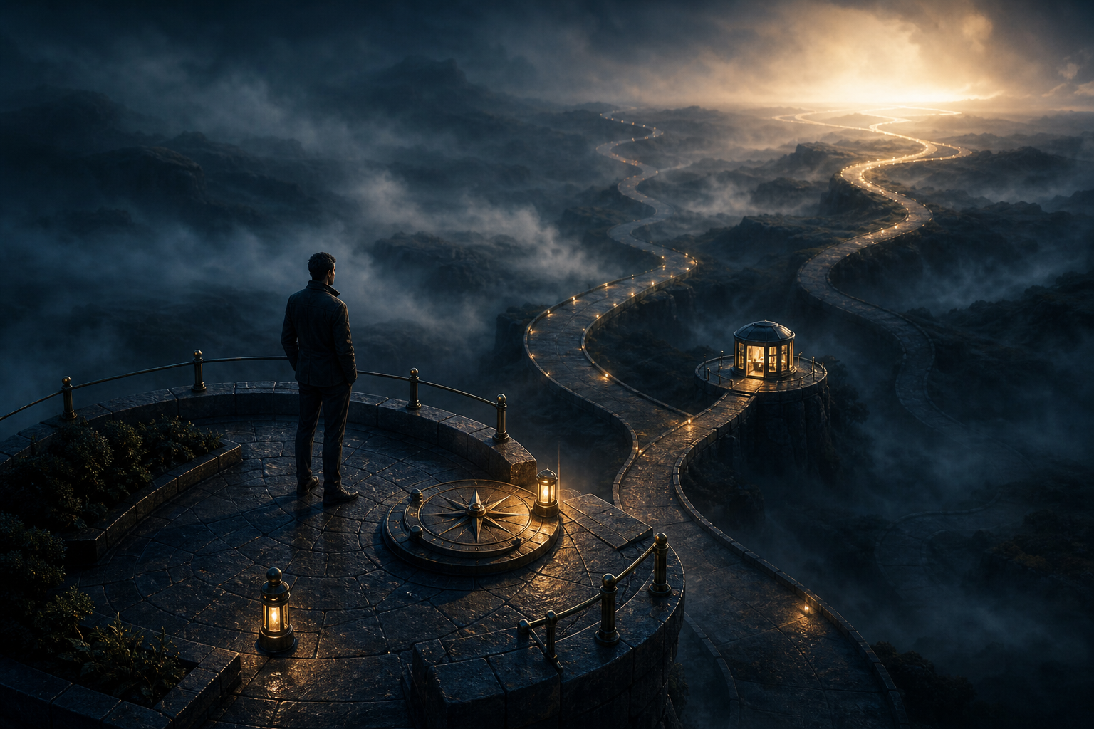A person stands on a solid platform overlooking several misty routes, including one that passes through a small illuminated testing station.
