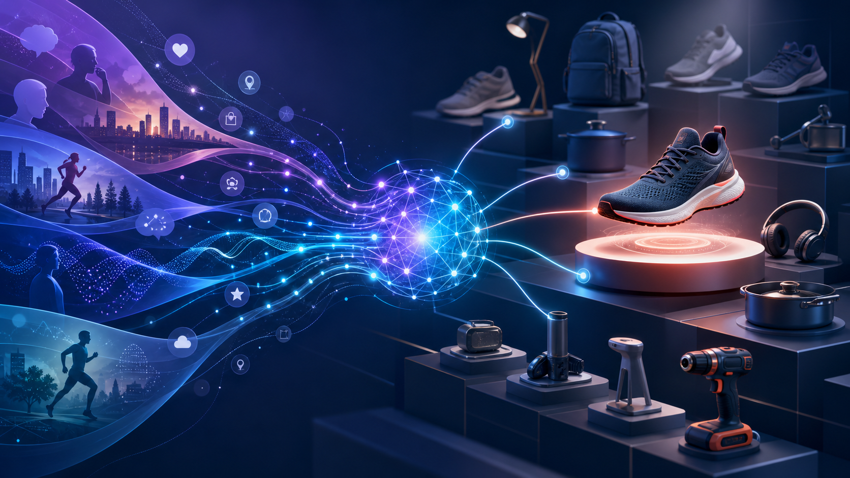 Abstract AI matching system connects layered shopper intent signals with relevant products from a large unbranded catalog.