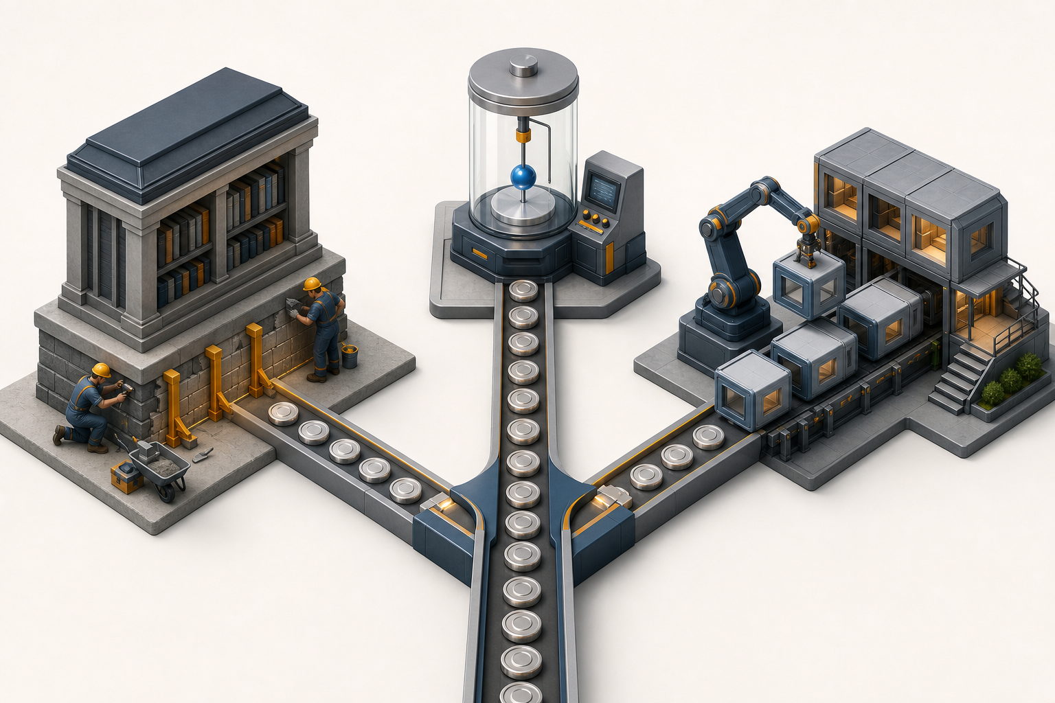 A stream of metallic tokens divides among crews maintaining a digital library, testing a module in a laboratory, and expanding a modular structure.