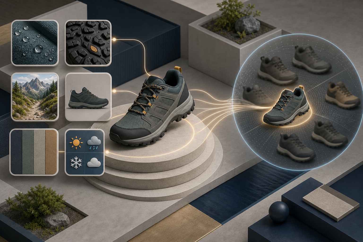 An unbranded hiking shoe is surrounded by visual product attributes that connect it to a matching shopper intent.