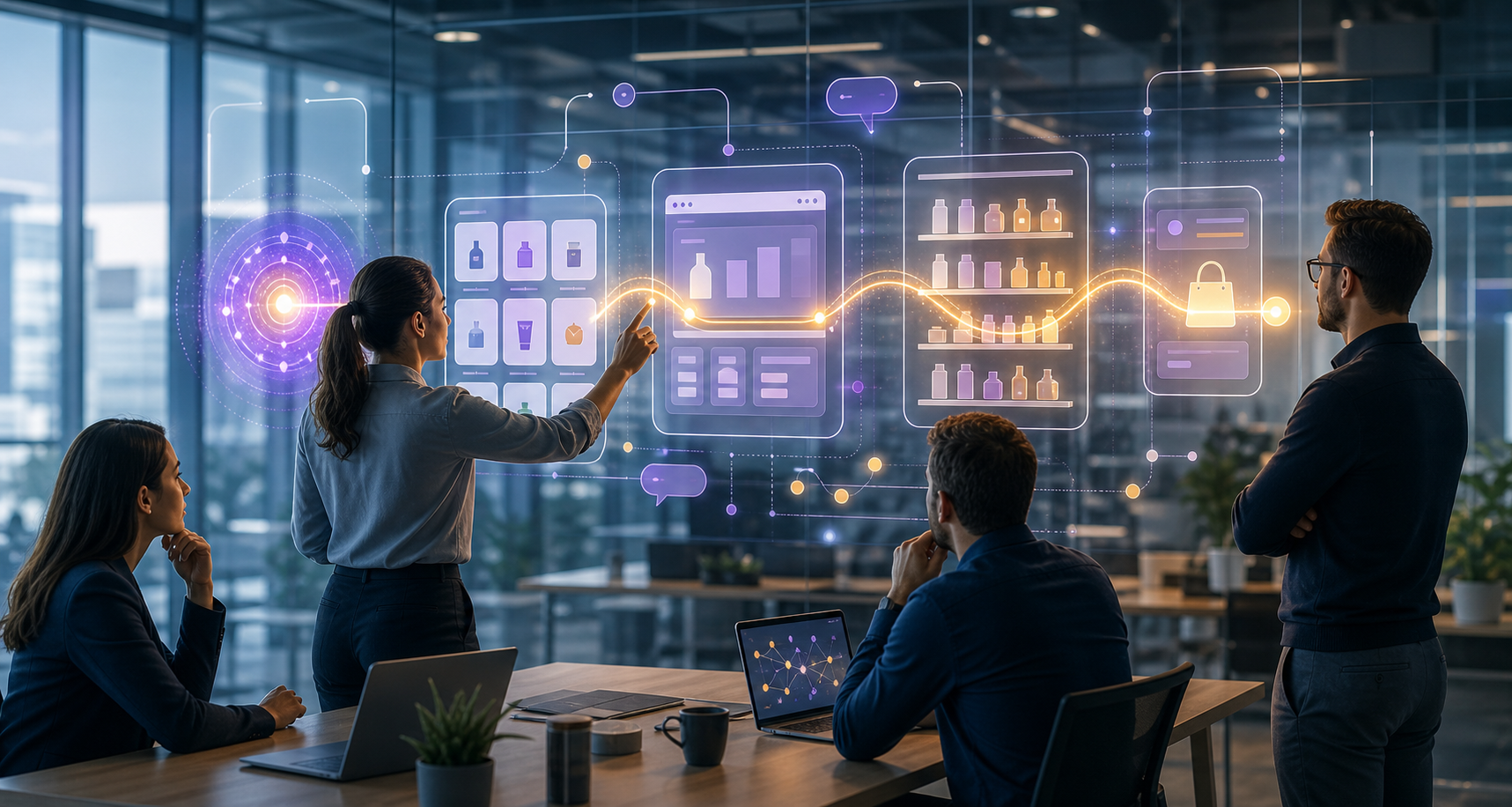 Analysts examine an abstract interface connecting AI discovery, product selection, a website, a retail shelf, and a purchase point.