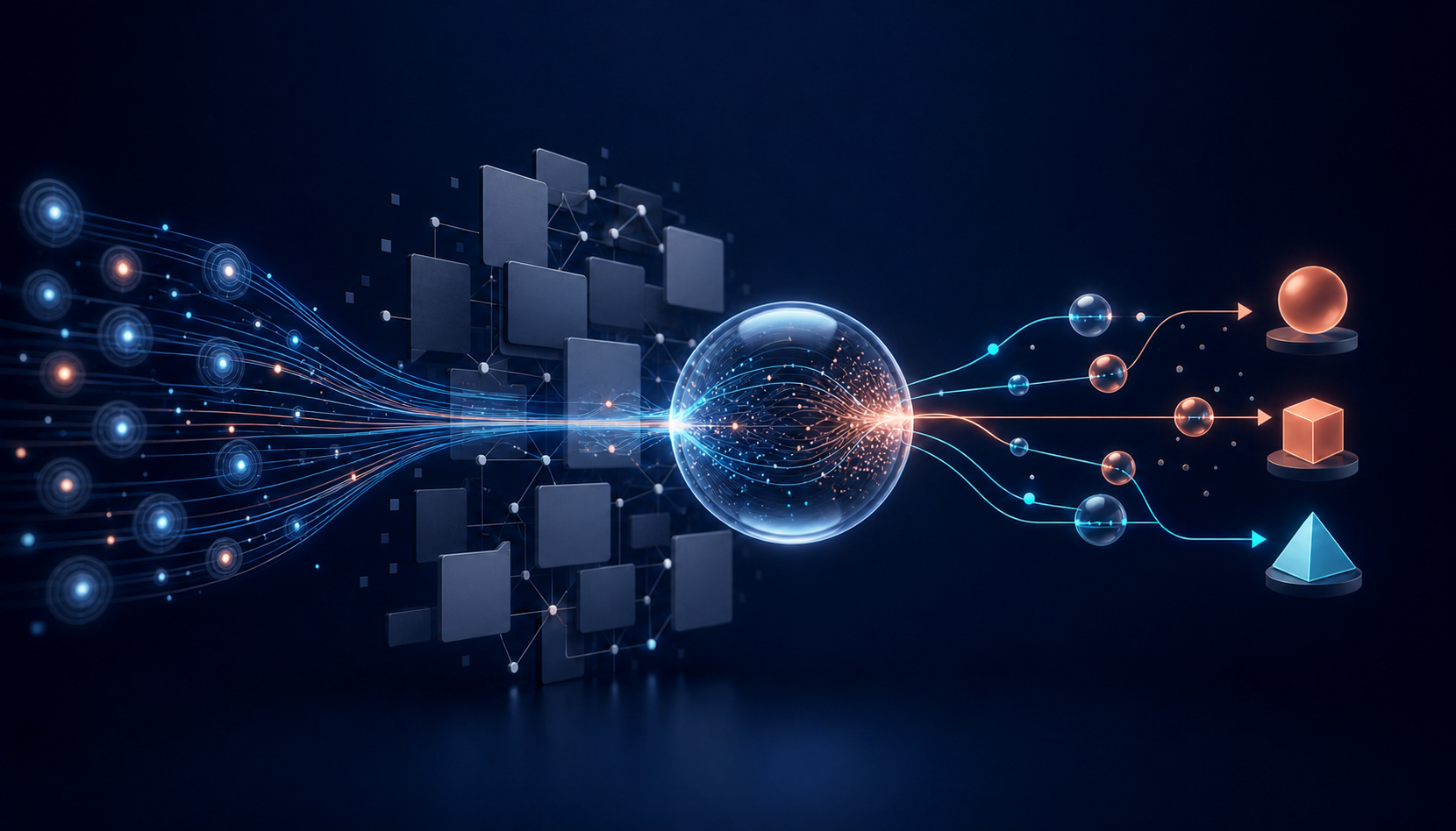 Abstract illustration of prompt signals flowing through source documents and an AI answer sphere toward outcome markers.