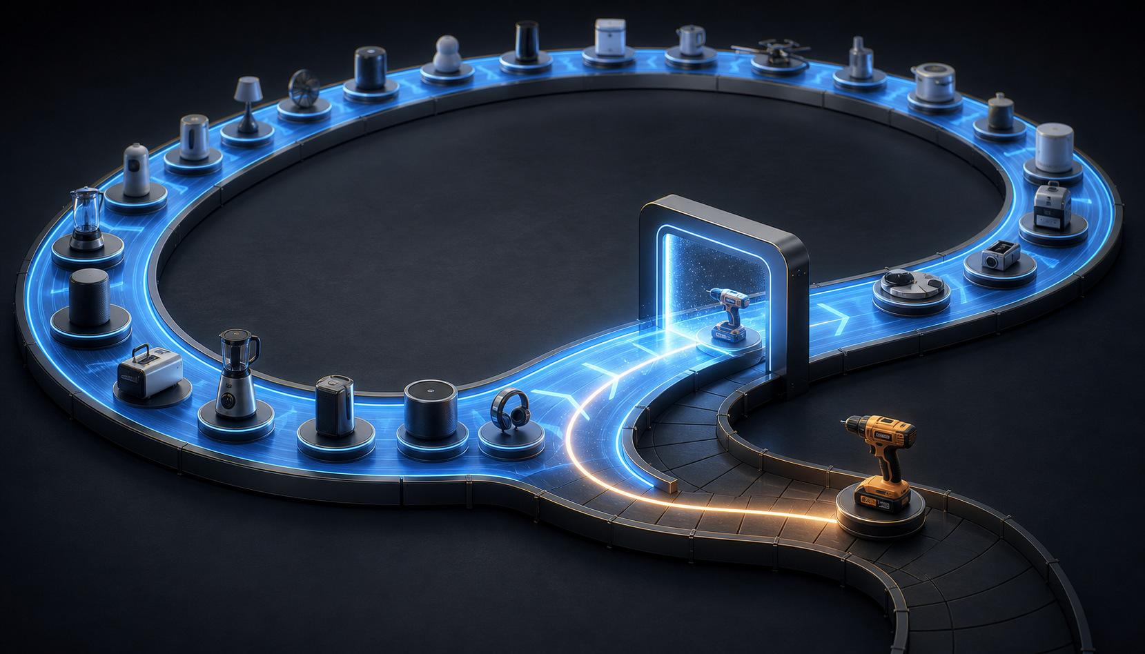 A sidelined unbranded product travels along a separate recovery lane back into a glowing automated testing route.
