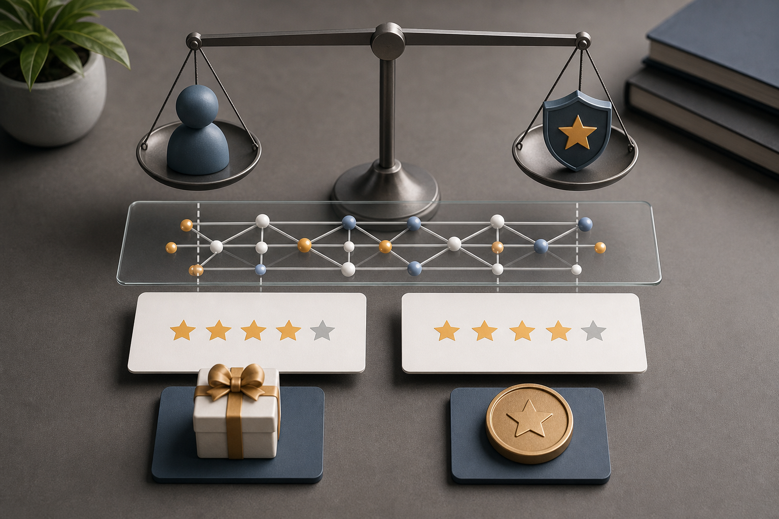 Blank review cards with star icons, an unbranded gift box, a loyalty token, and a transparent layer of connected data nodes arranged on a desk.