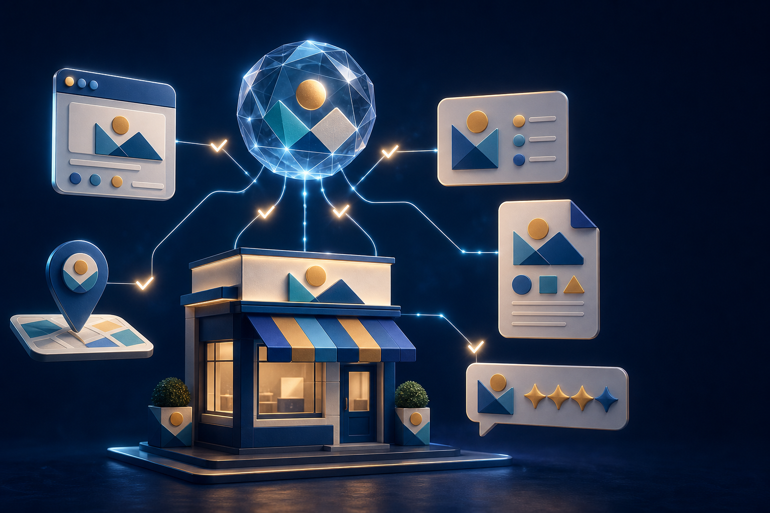 A storefront is connected to matching website, map, directory, document, and review symbols that converge in a glowing faceted sphere.