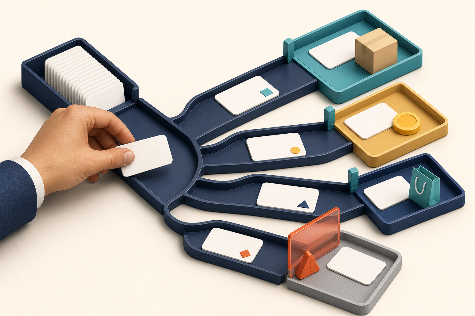 A hand sorts blank review cards into separate trays based on product, discount, experience, and warning symbols.