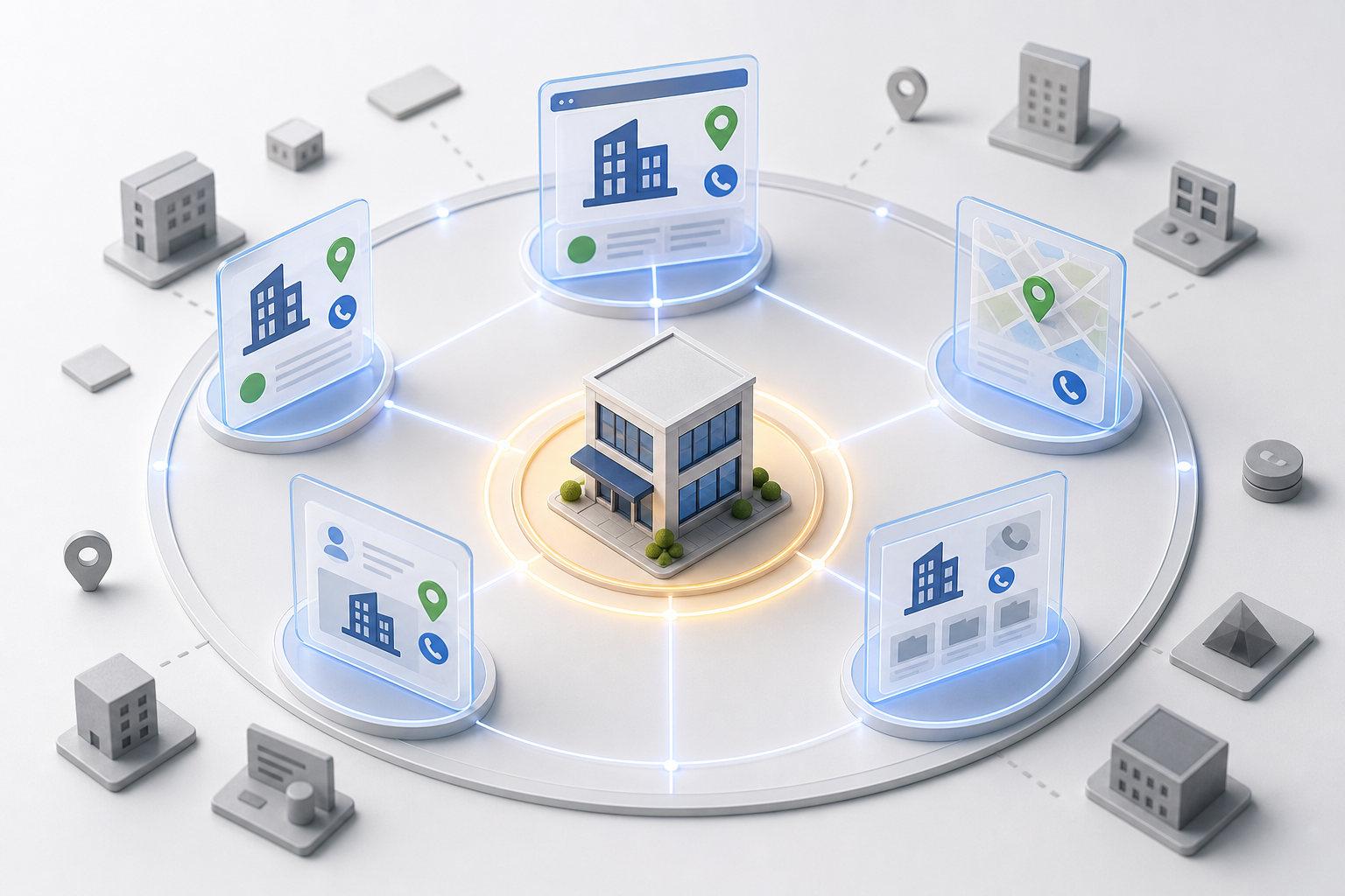 Matching website, listing, map, contact, and service profile tiles connect to one model business while mismatched fragments remain outside.