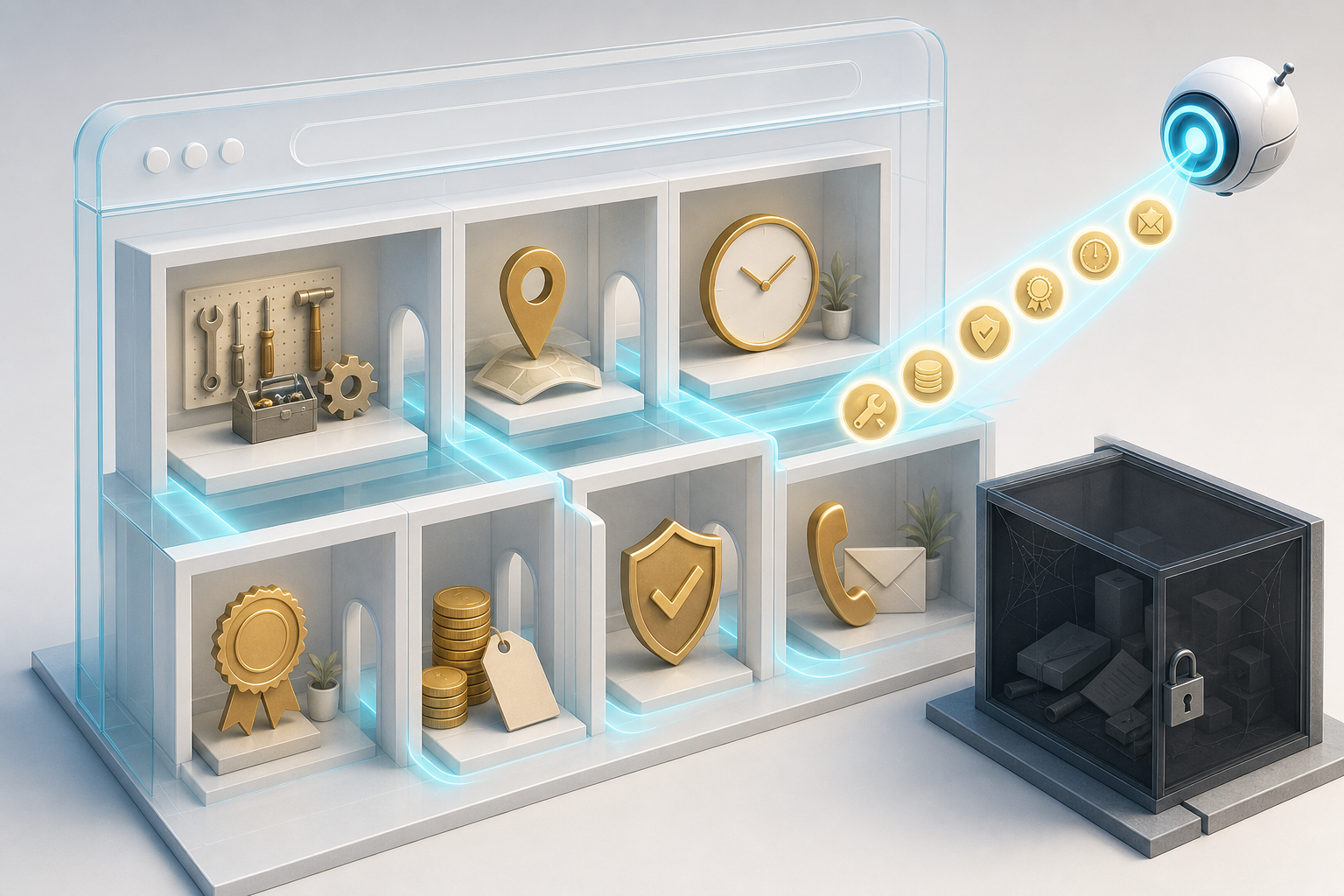 A search orb retrieves service, location, credential, policy, and contact symbols from the open rooms of a structured website.