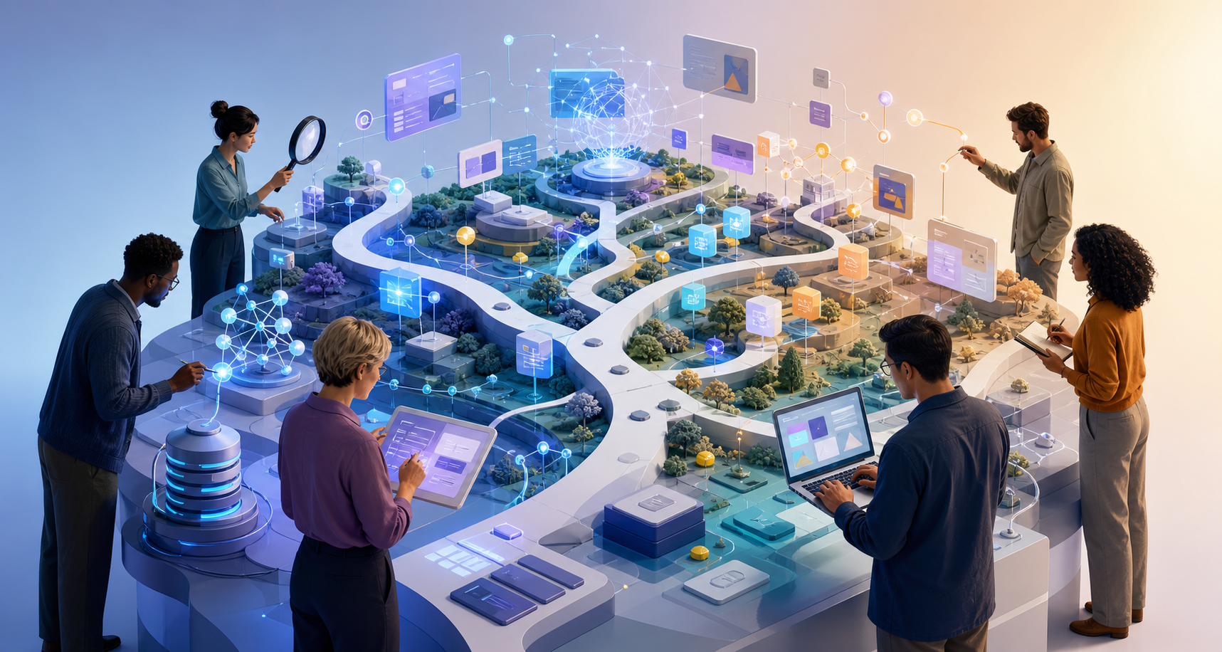 A group of fictional digital specialists examines different pathways, web nodes, language regions, and AI signals within an abstract search landscape.