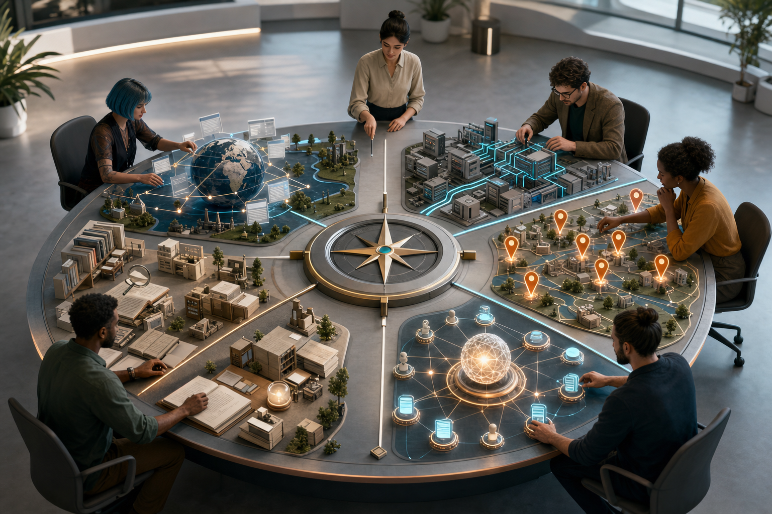 Fictional specialists examine separate models representing multilingual, technical, local, content, and AI search problems around a strategy table.