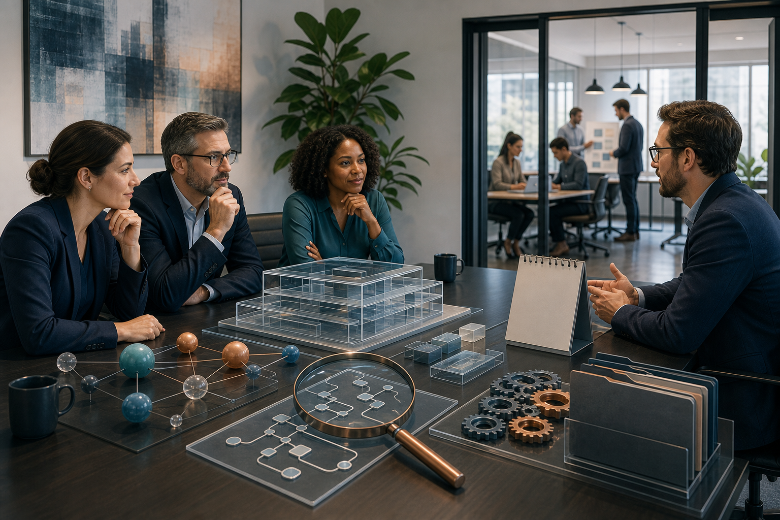 An evaluation team reviews technical models, project materials, and delivery capacity during a meeting with a fictional search consultant.