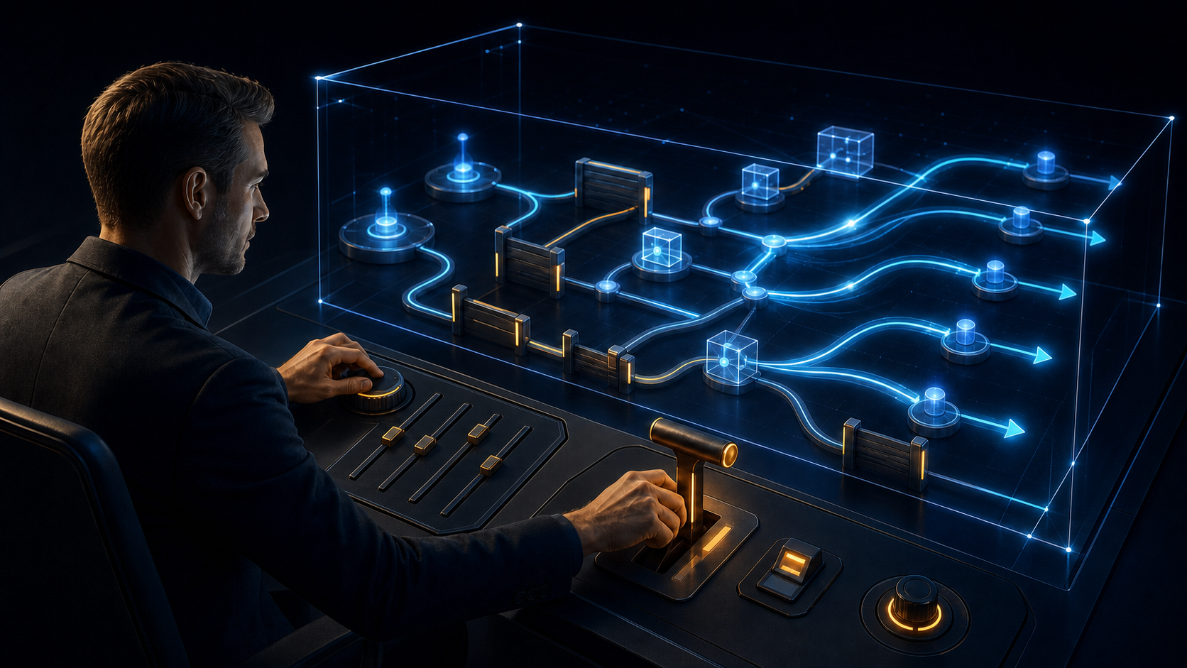 An operator guides glowing automated campaign pathways inside a transparent boundary with gates, dials, barriers, and a human approval lever.