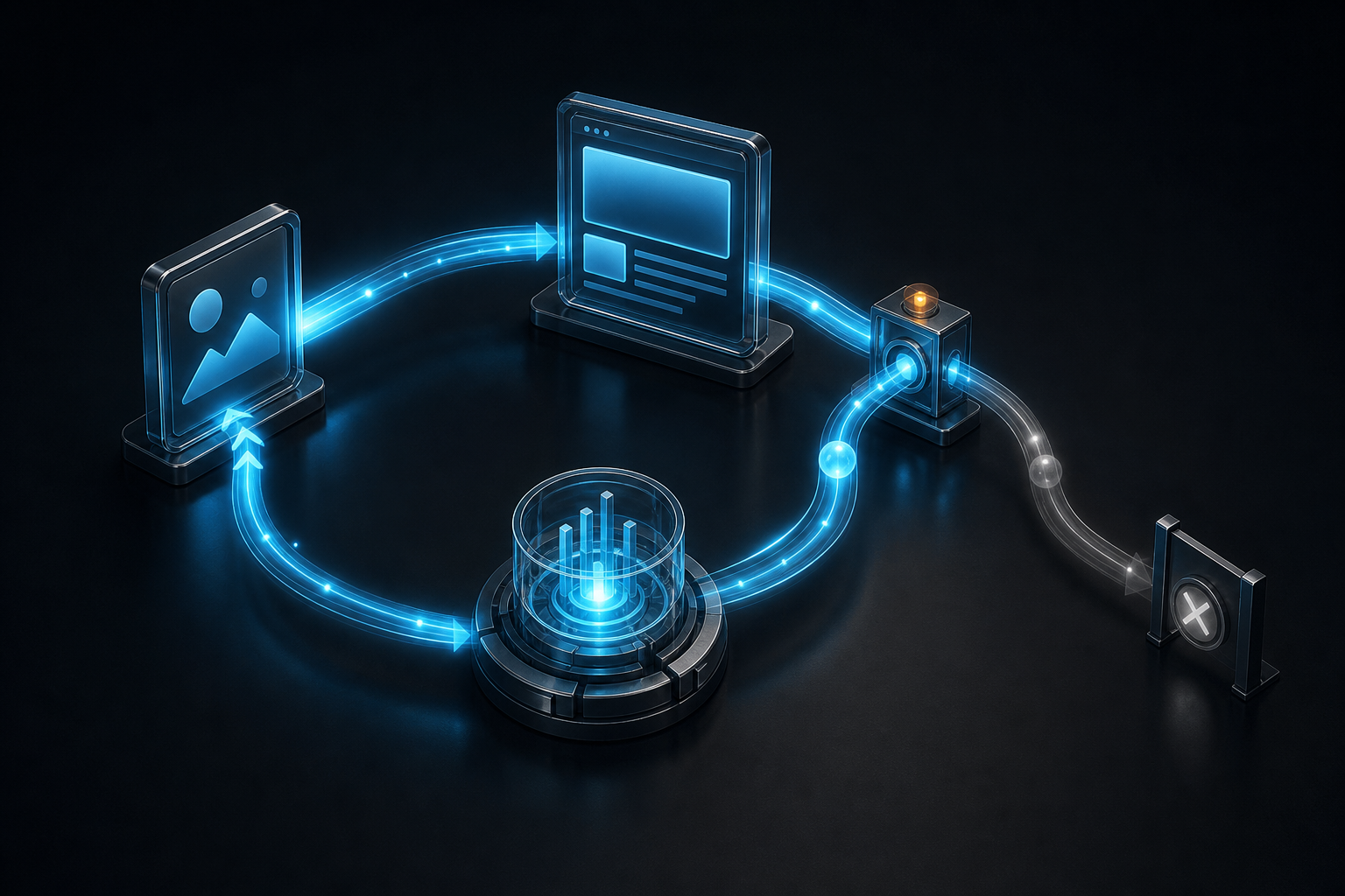 A glowing signal travels from an abstract ad to a landing page, through a verification checkpoint, and back to an optimization engine in a closed loop.