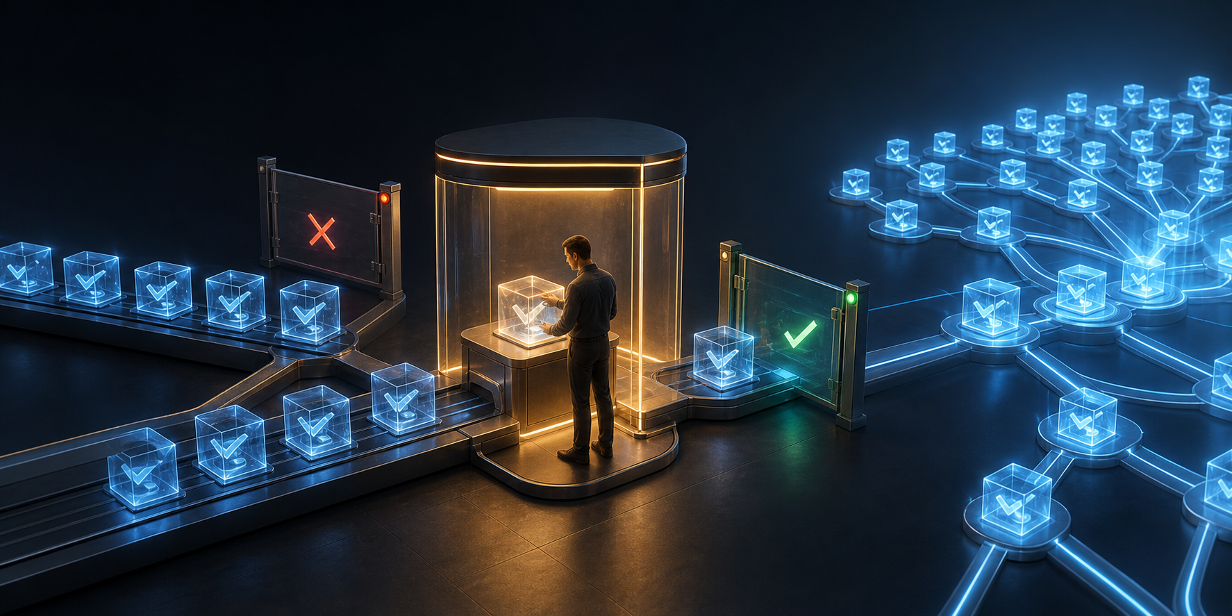 A human analyst inspects a campaign module at a gated review station before approved copies move into a larger distribution network.