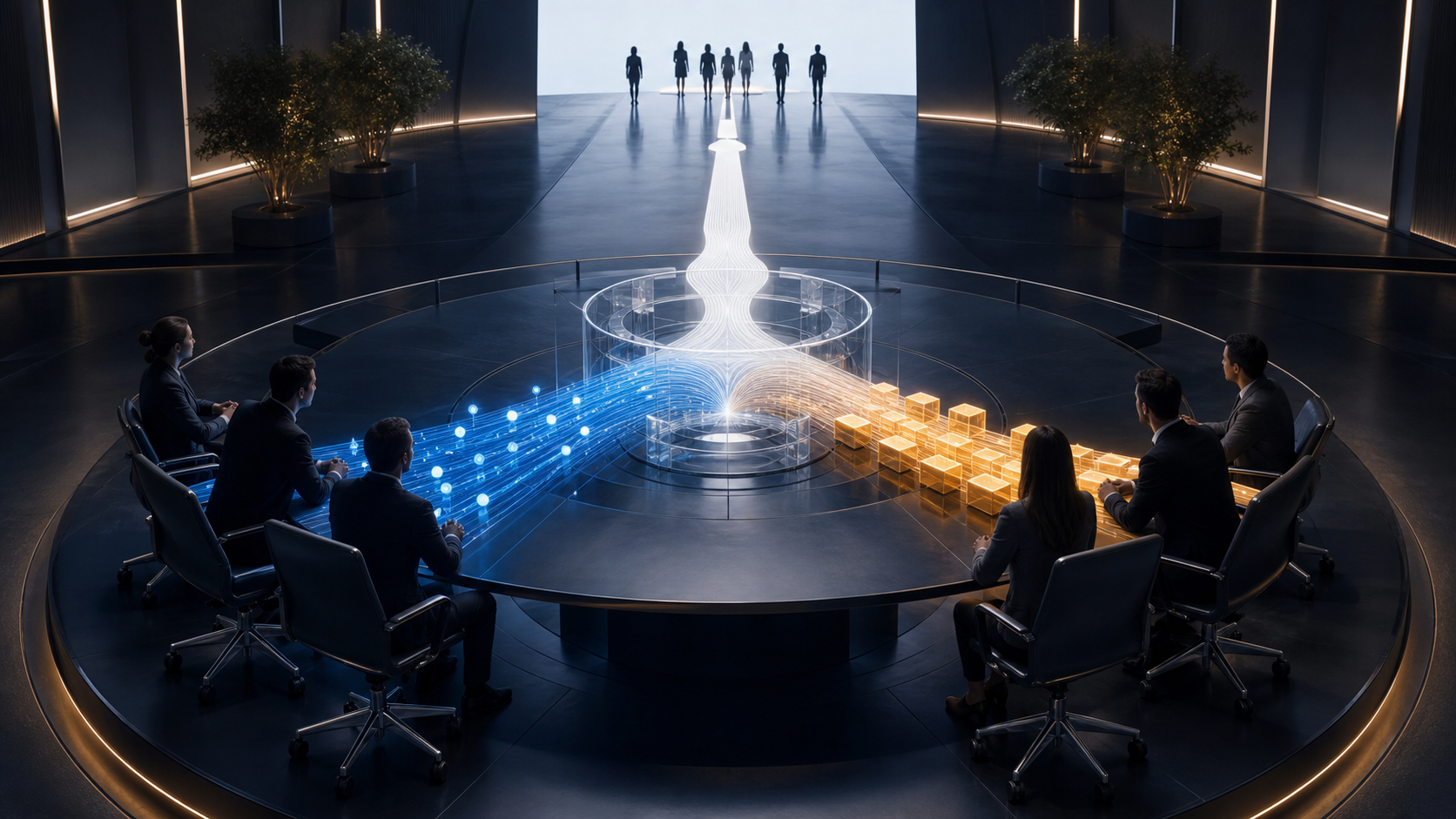 Two teams guide blue and amber pathways through a shared transparent hub toward a group of customer silhouettes.