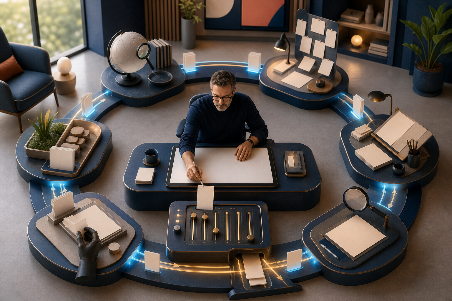 A human editor supervises a circular AI content workflow connecting research, drafting, review, revision, and instruction controls.