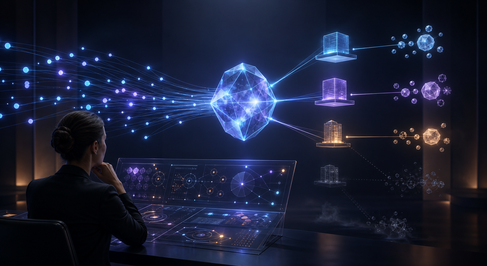 An analyst examines a glowing AI system that connects incoming query signals to clear, vague, and incorrect representations of companies.