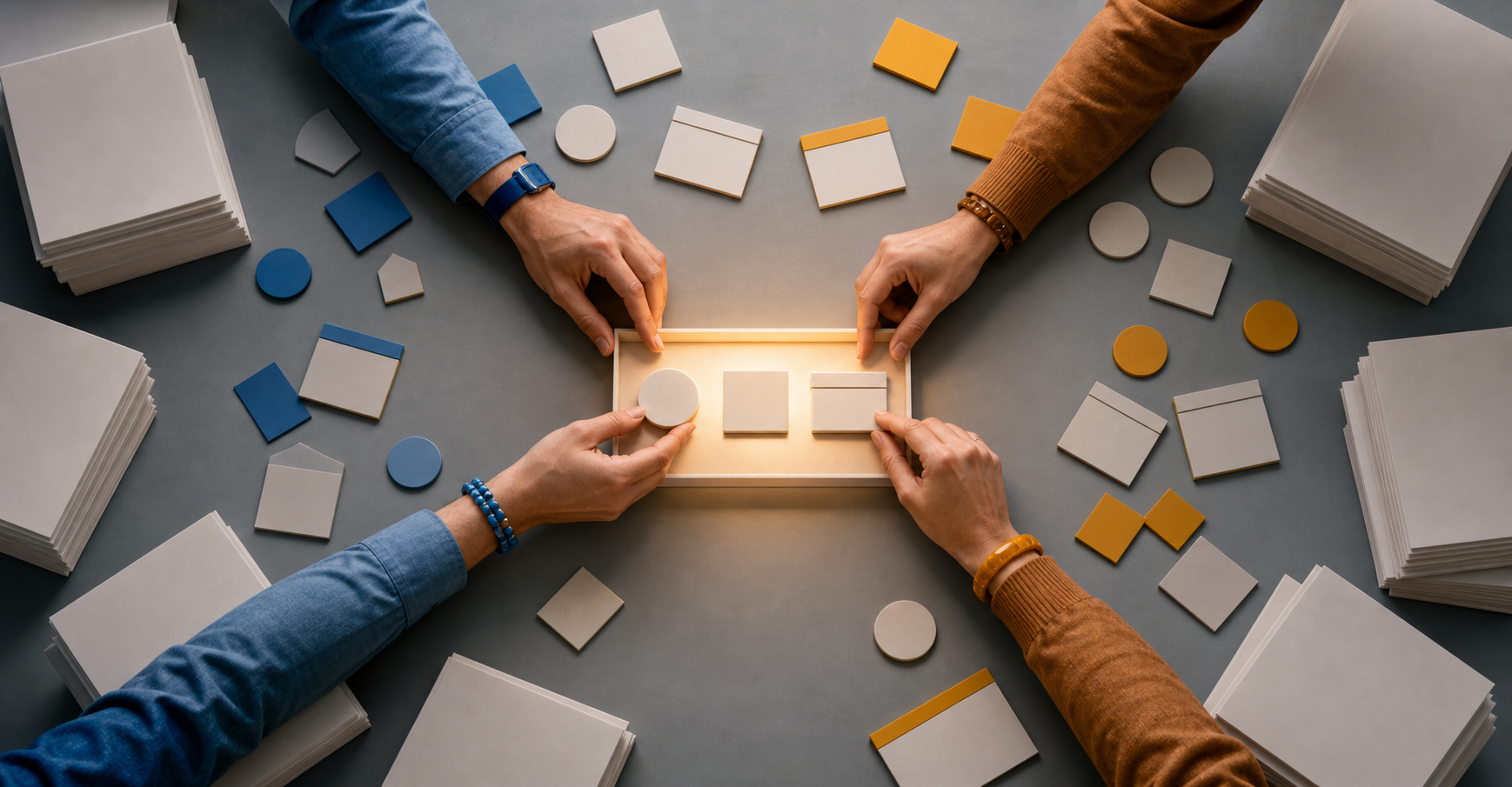 Hands with blue and amber accents select a few geometric evidence pieces for a shared illuminated tray while blank report stacks sit at the edges.