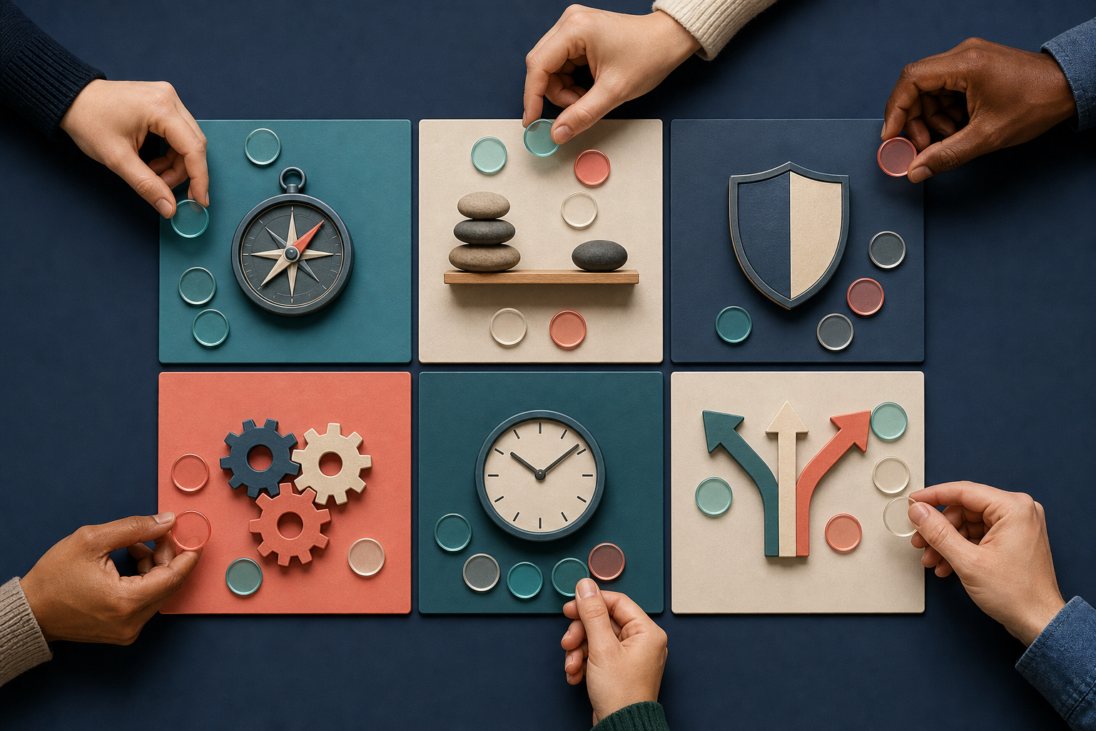 Hands arrange translucent query tokens across a grid of tiles illustrated with symbols for different buying considerations.