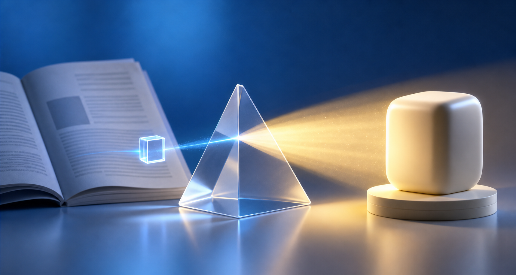 An open document feeds evidence into a translucent AI prism that directs a spotlight toward a different product-shaped object.