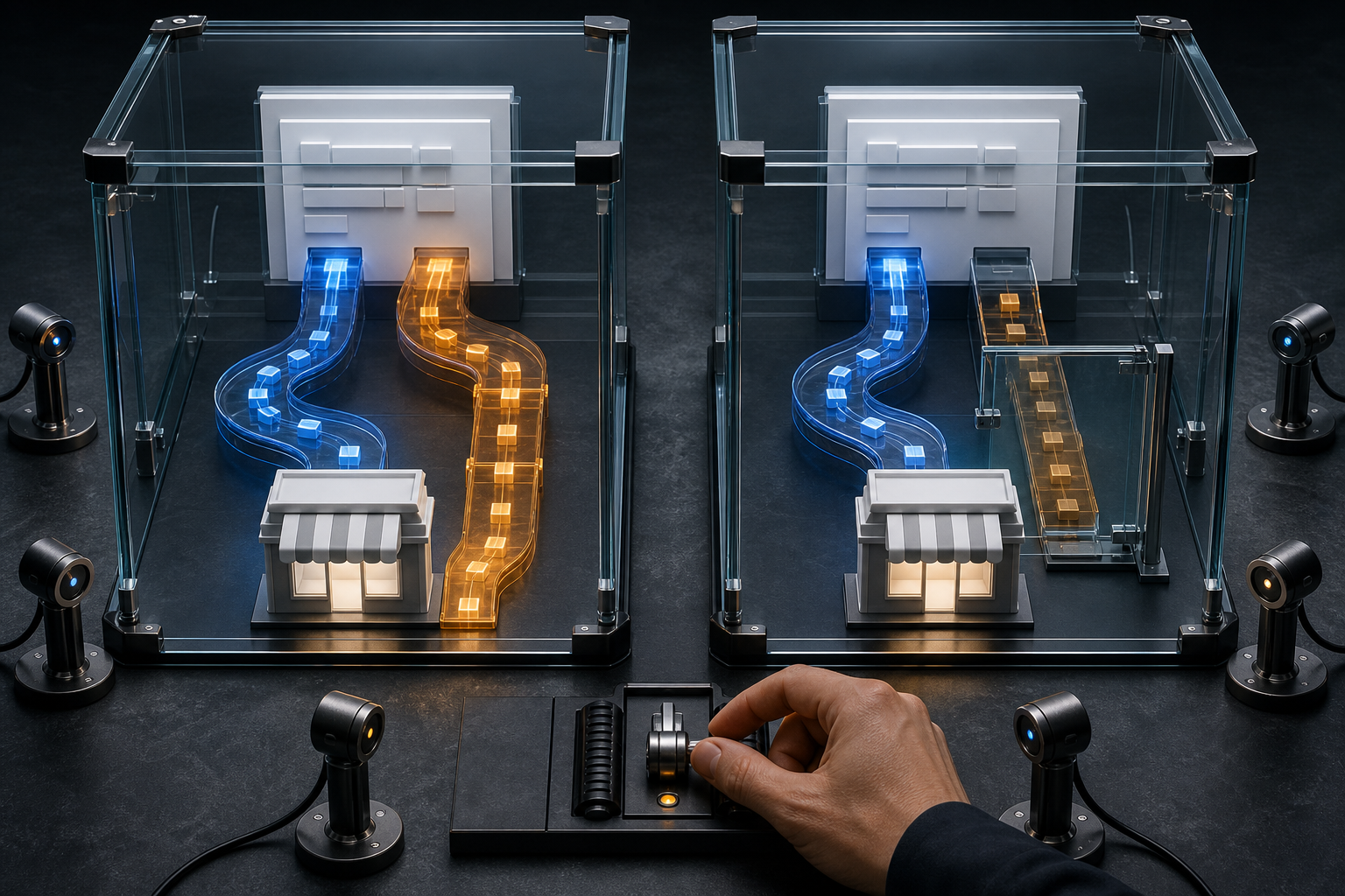 Two transparent test chambers compare customer journeys, with blue and amber routes active together in one and the amber route paused in the other.