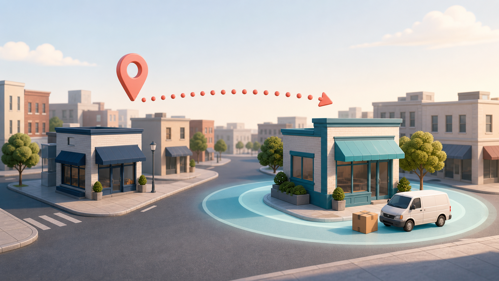 Editorial illustration of a map pin moving along a route from an old storefront to a new storefront on nearby city blocks.