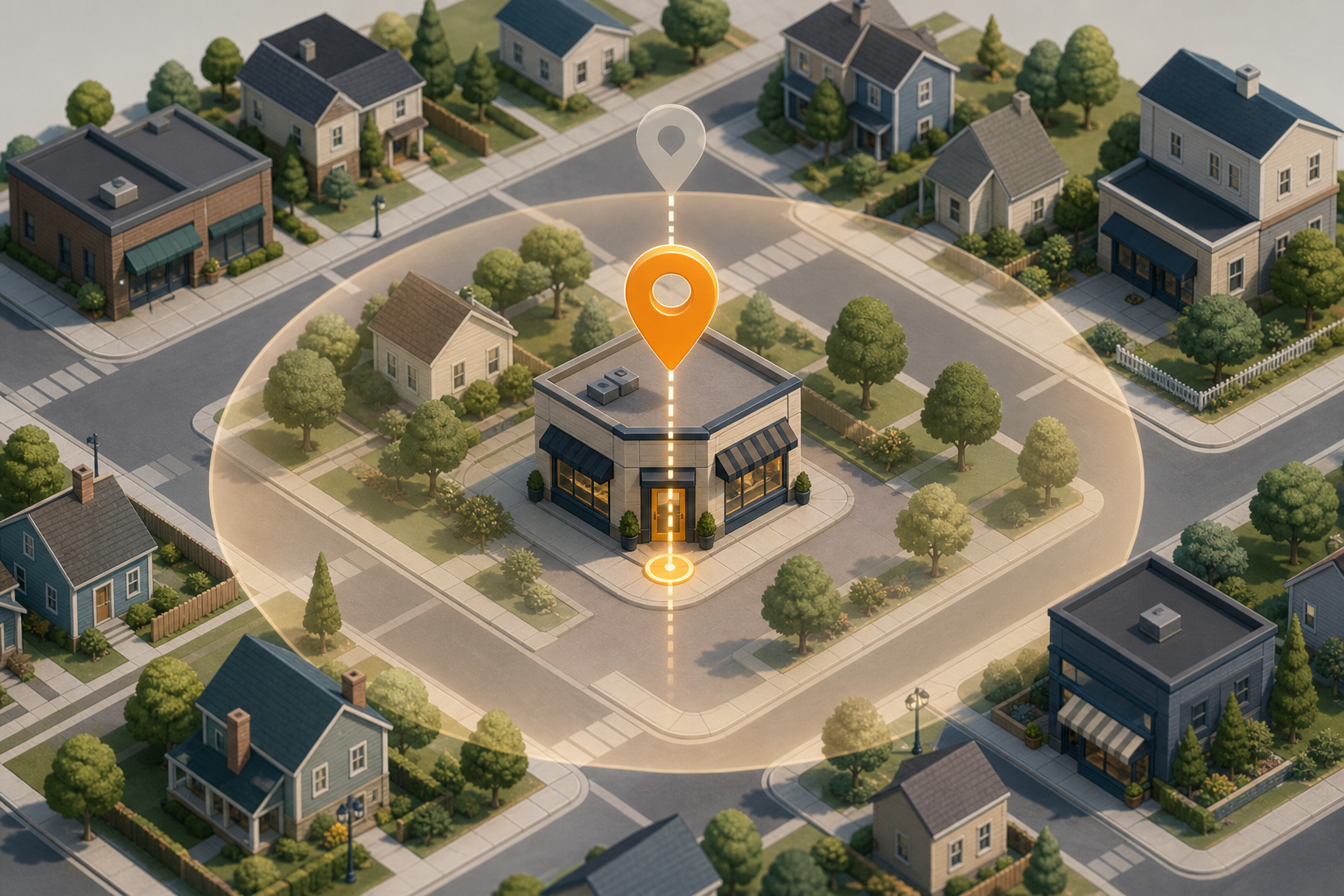 Isometric neighborhood scene with a storefront, an aligned map pin, a location radius, and a faint previous pin.