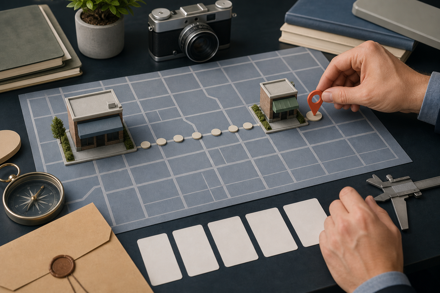 Overhead desk scene with old and new storefront models, a street-grid mat, blank status cards, tools, and a hand placing a destination pin.