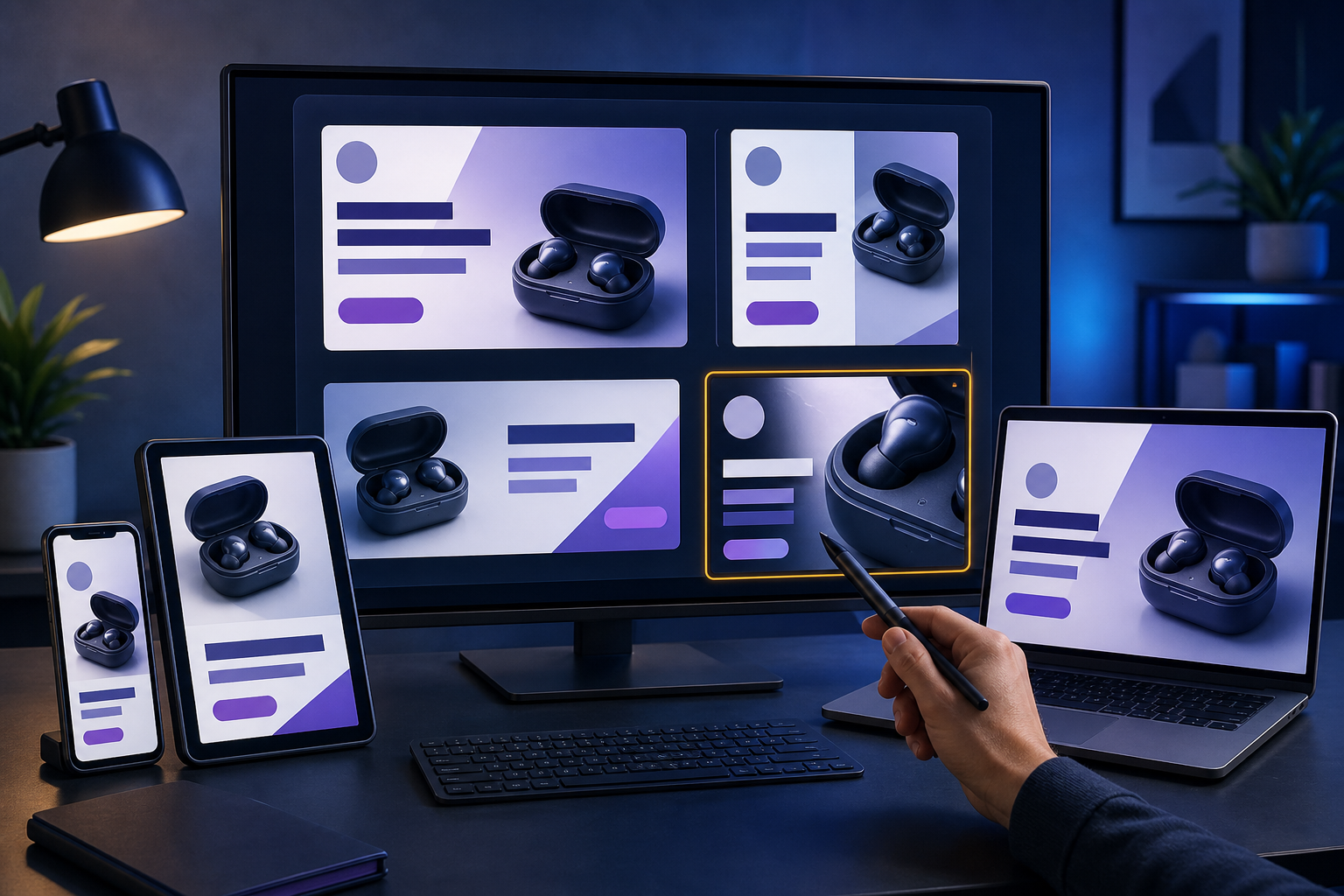 A creative reviewer compares multiple versions of the same digital ad across a monitor, laptop, tablet, and smartphone, with one awkward layout highlighted for inspection.