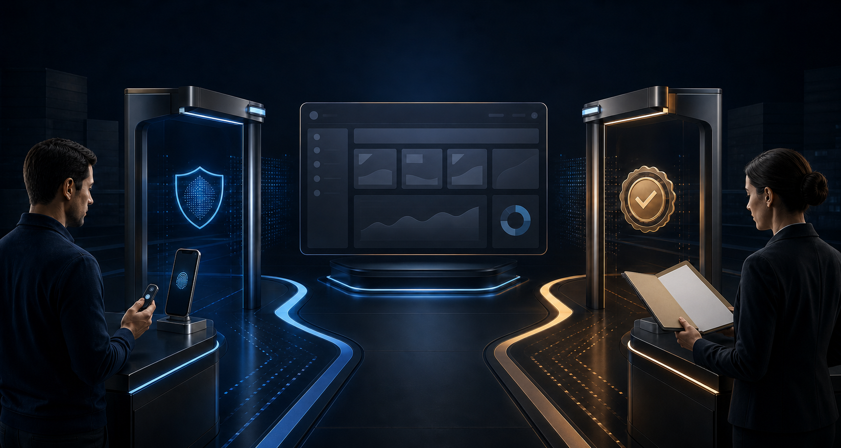 Two separate guarded pathways for user authentication and account certification converge at a digital advertising management console.
