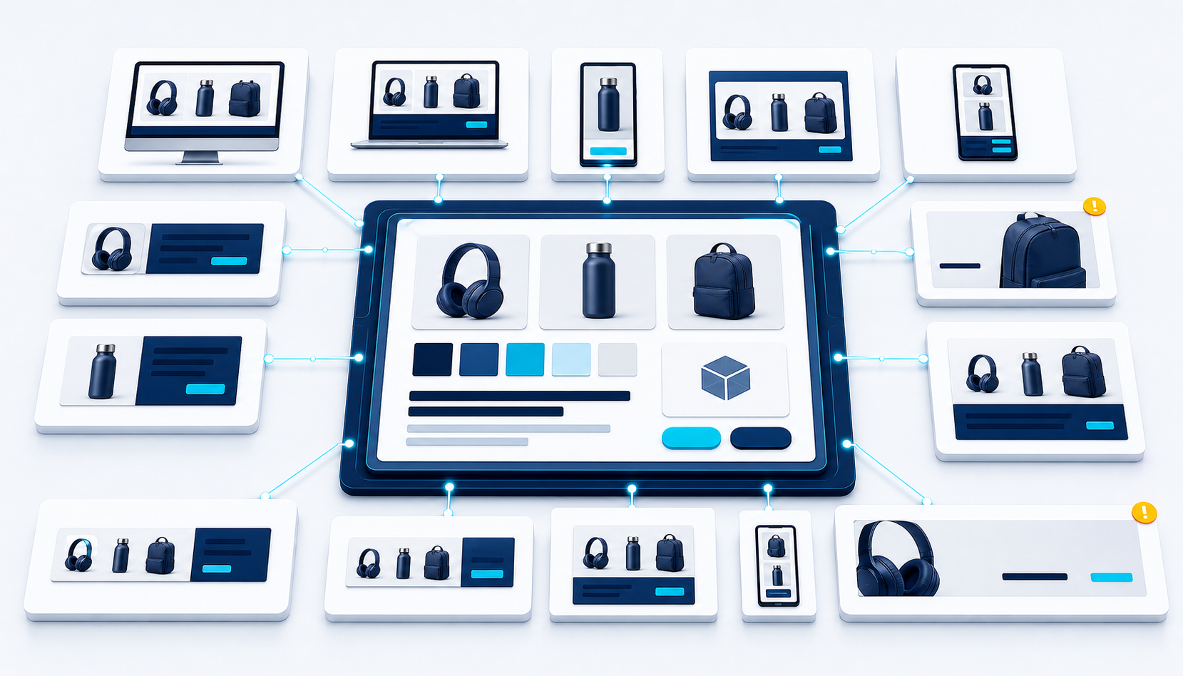 A central collection of reusable creative assets connects to a grid of desktop, mobile, native, and banner ad previews, with two layout problems marked for review.