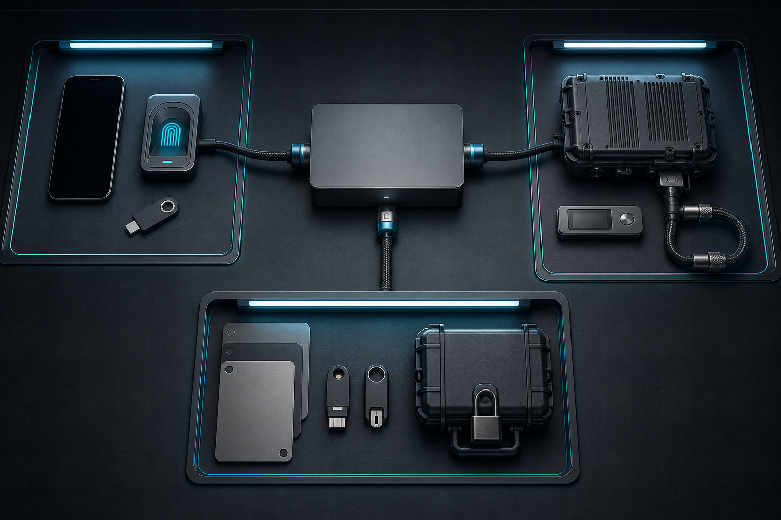 Three organized credential setups for a staff user, an application, and an agency account surround a central advertising platform device.