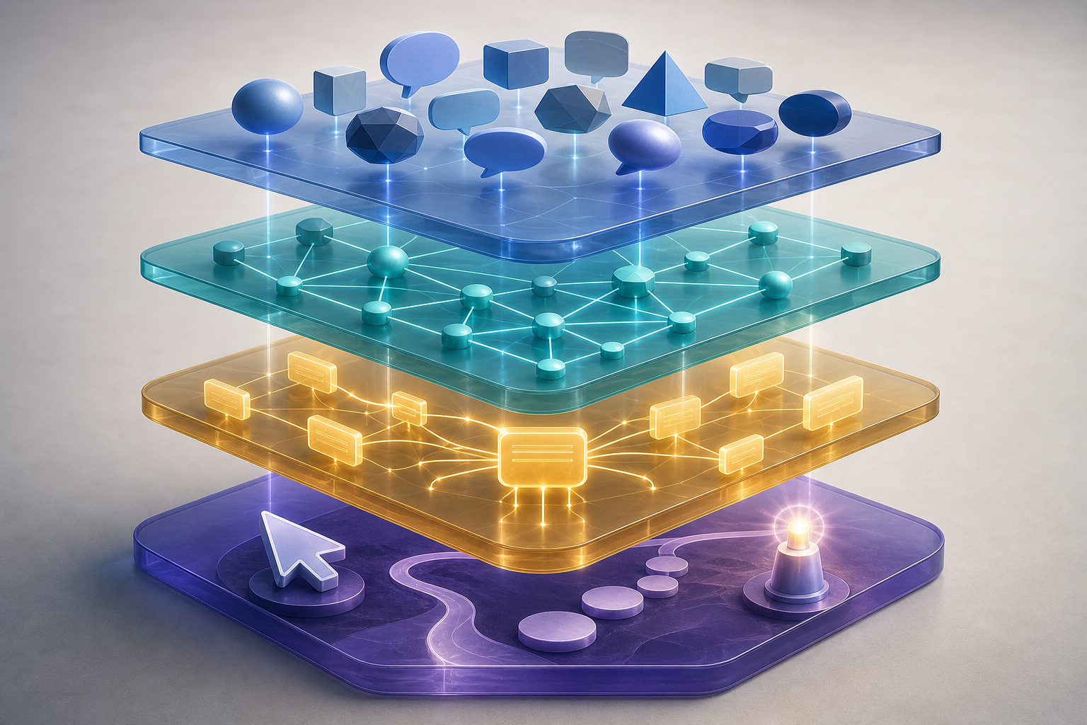 Four-layer conceptual model showing prompts, sources, AI answers, and outcome signals connected in a measurement stack.