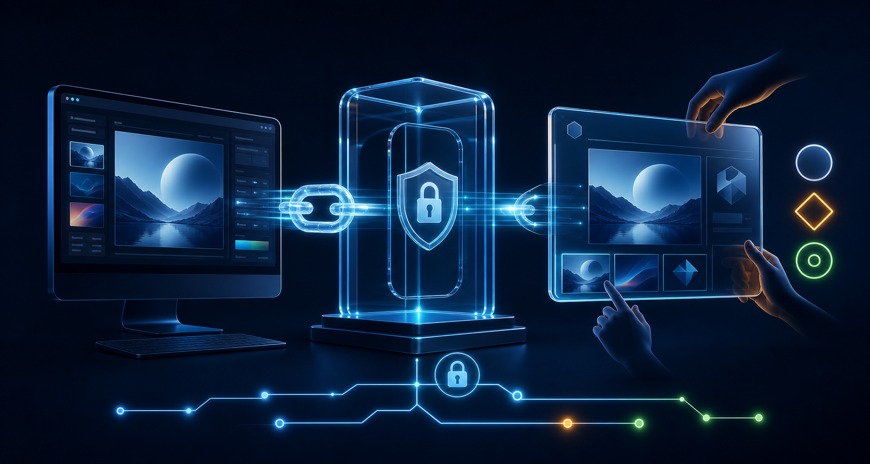 A digital preview link passes through a security checkpoint to a shared review panel with revision, approval, lock, and audit-trail symbols.