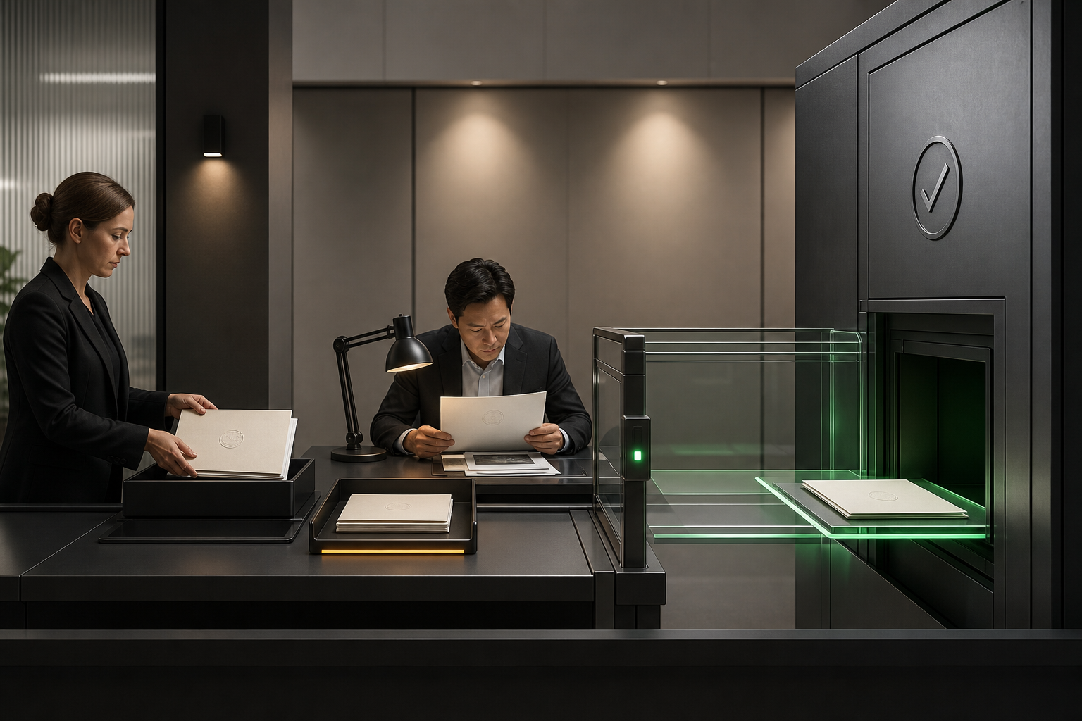 Compliance specialists move an account dossier through evidence review, approval, and secure archiving while an incomplete folder remains separated.
