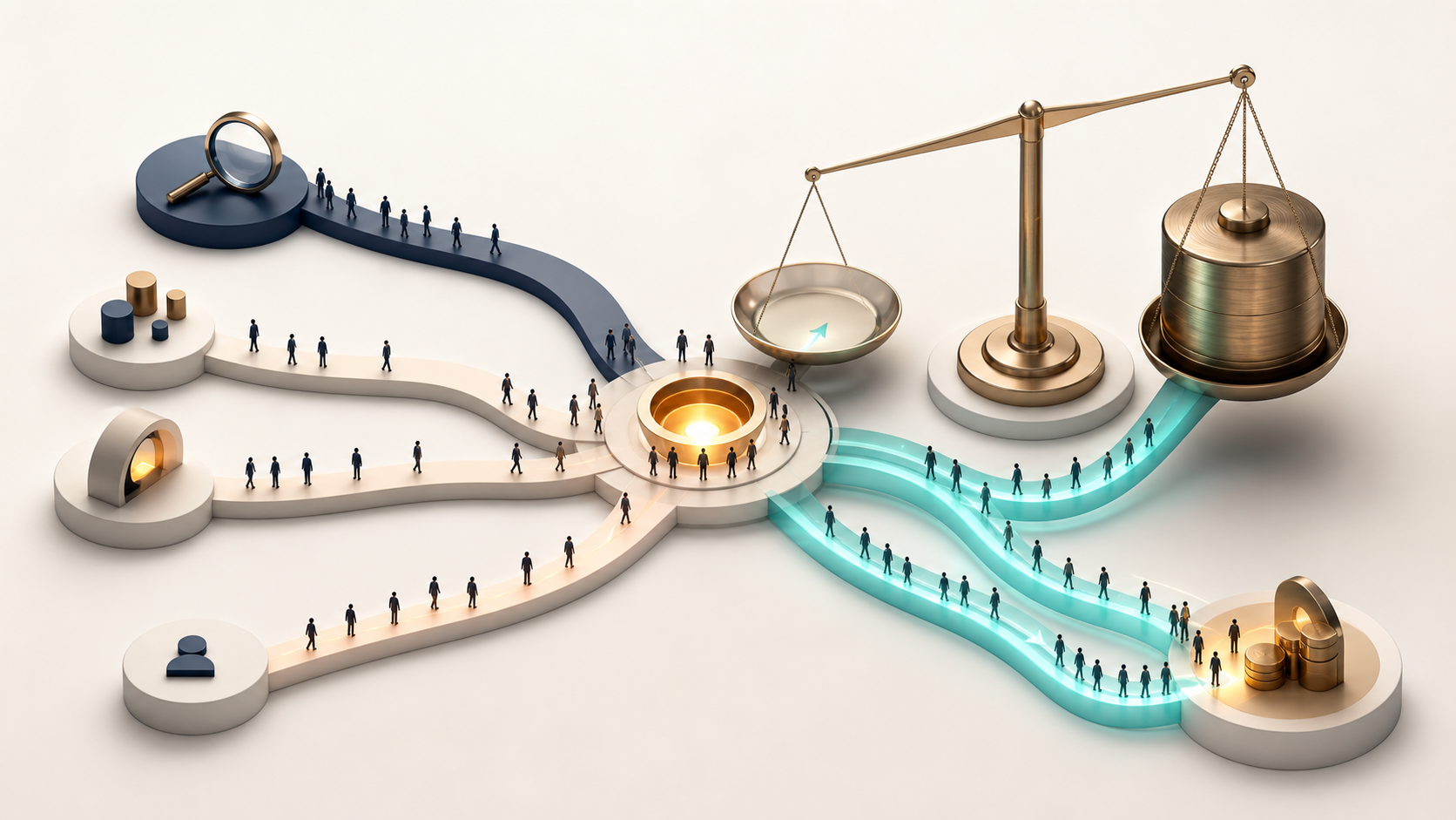 Conceptual illustration of customer journey paths converging on a purchase point while organic search pathways balance acquisition costs.