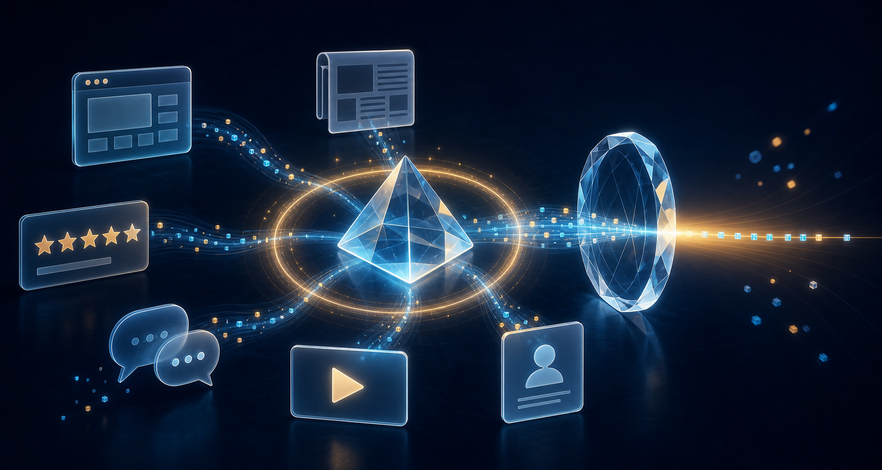 A translucent central prism connects to generic web pages, review symbols, speech bubbles, a video icon, and a profile through glowing paths leading to an abstract AI lens.