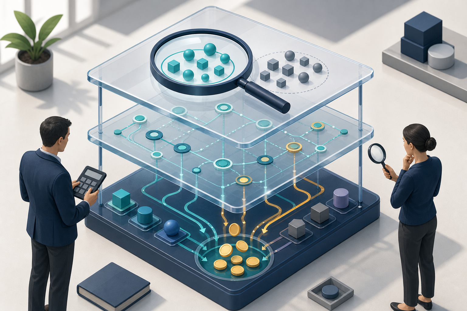 Two analysts examine a layered measurement system made of acquisition costs, connected customer touchpoints, and comparison groups.