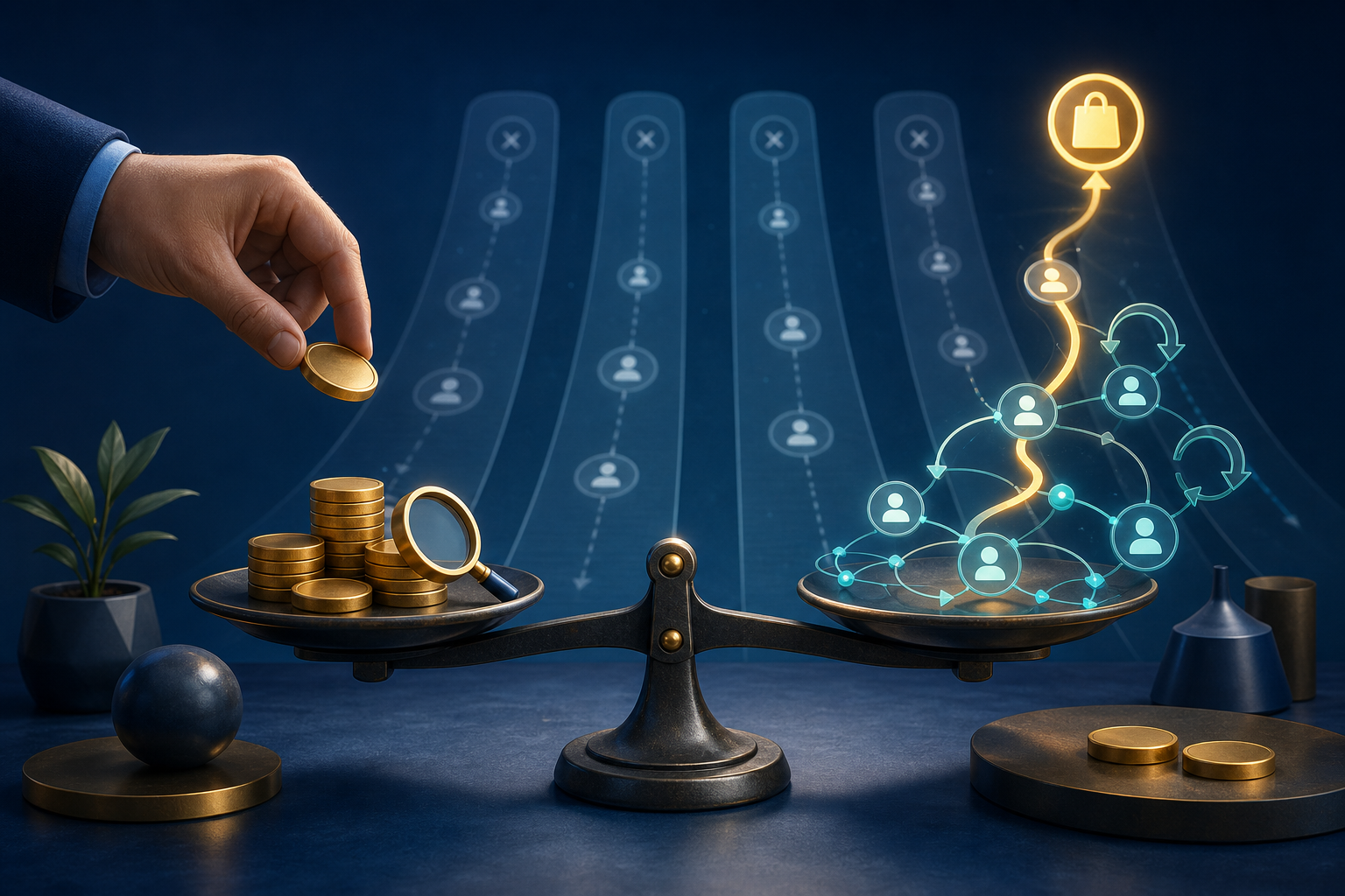A hand adds a budget token to a scale balancing search investment against customer growth, with comparison pathways in the background.