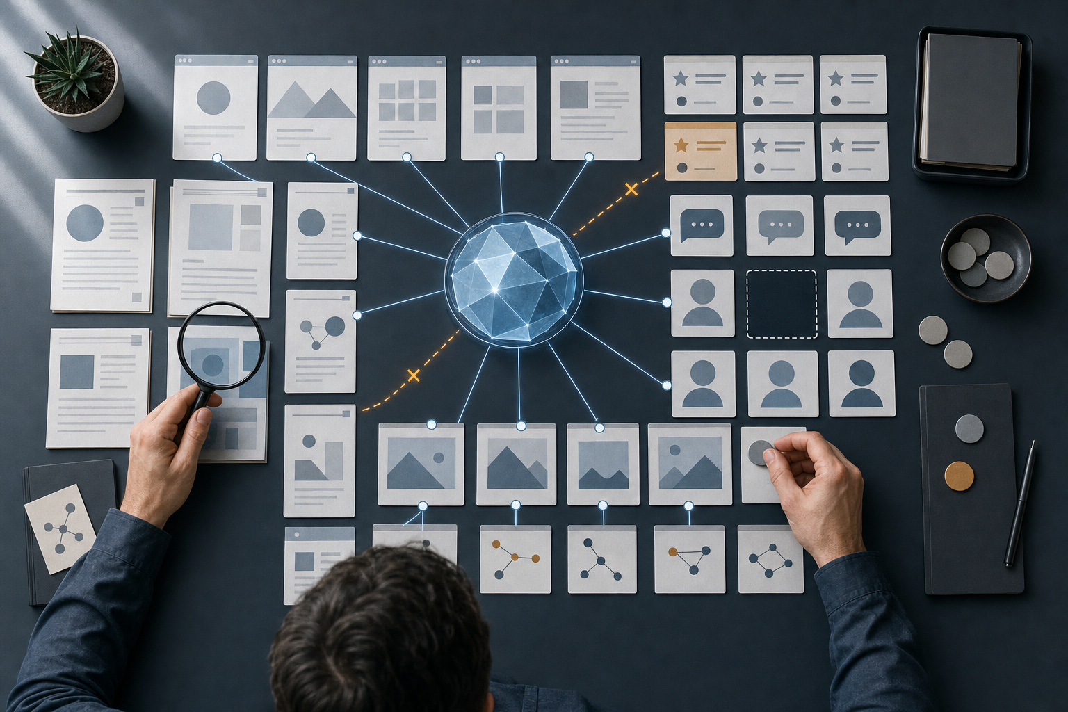 An analyst examines blank source cards, review symbols, discussion bubbles, and profile icons connected to a central faceted object on a desk.